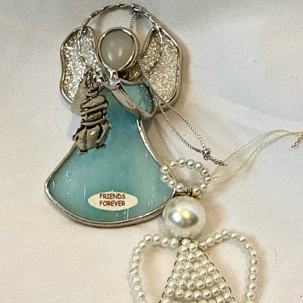 Blue Ganz Stained Glass Angel Ornament  3" Tall - Friends Forever- & Pearl Angel